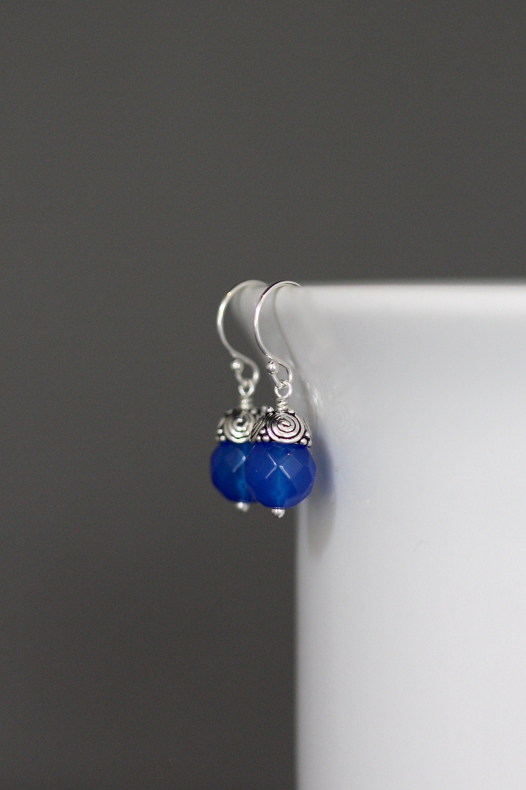 Blue agate bead dangle earrings with Bali silver caps on fishhook earwires