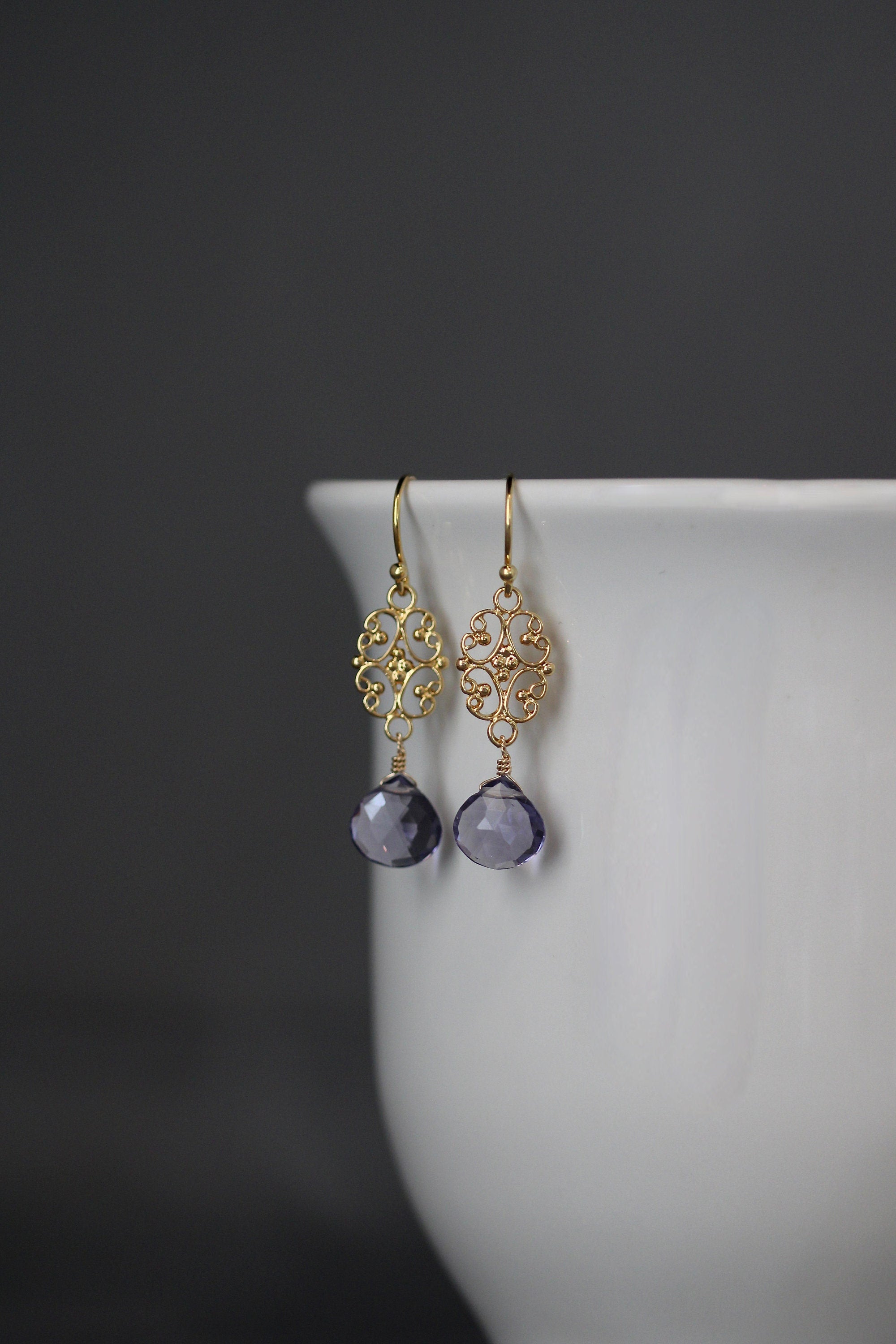 Gold vermeil teardrop earrings with dark iolite quartz stones and filigree links