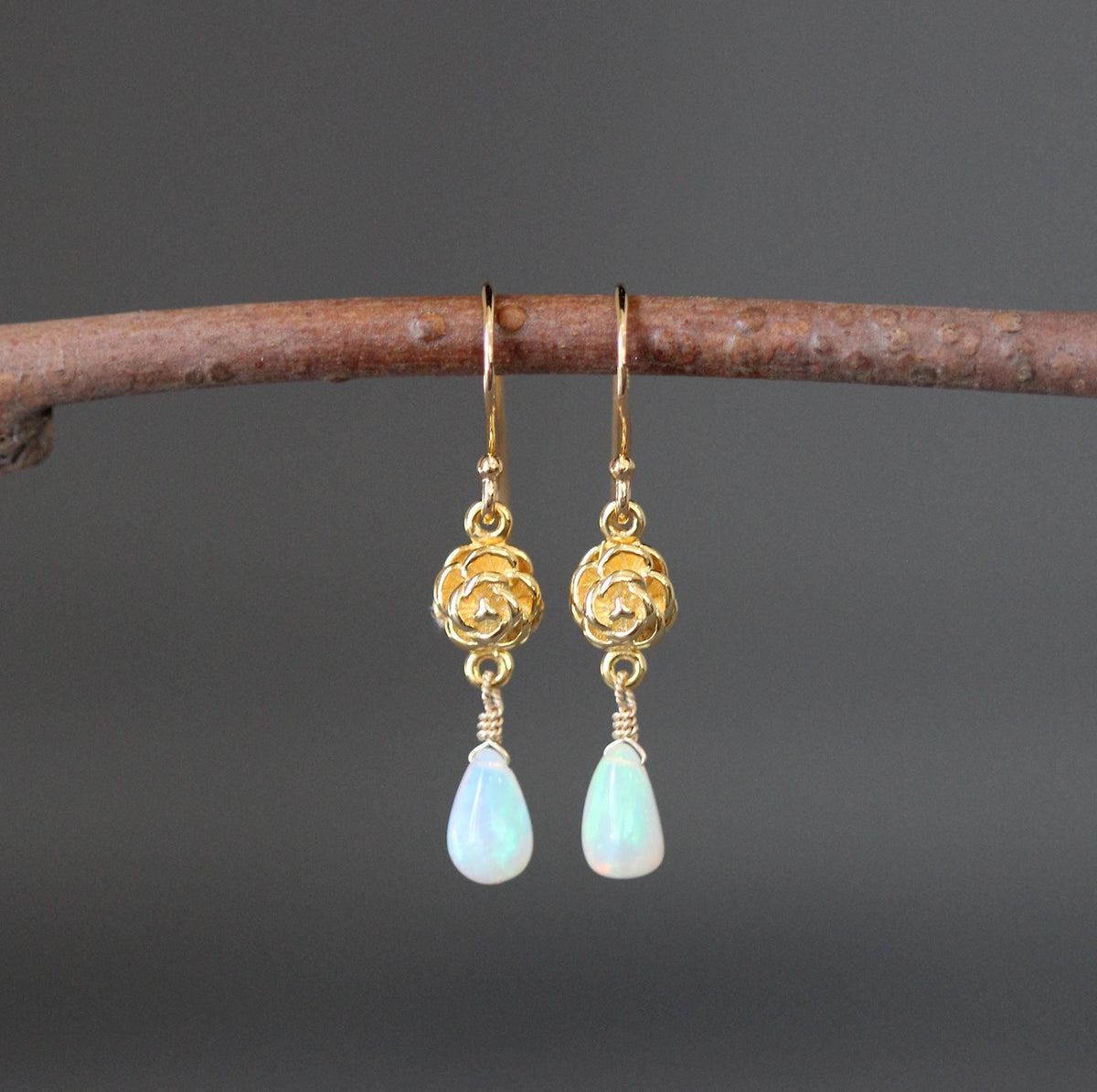 Gold vermeil flower-link dangle earrings with blue opal teardrops and small floral caps