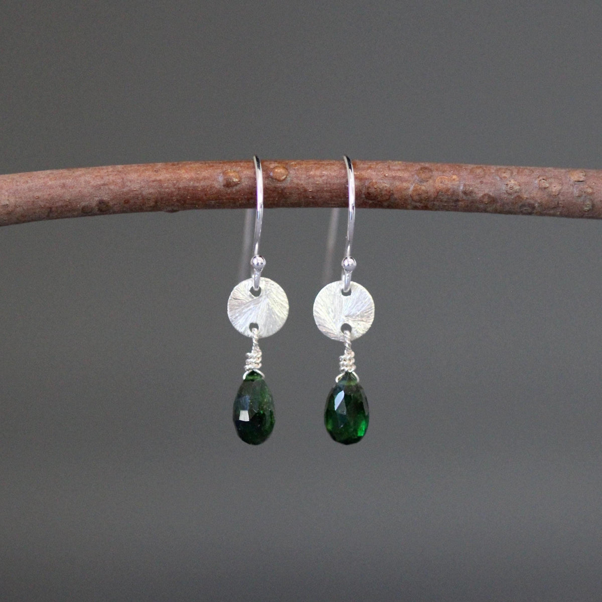 Green teardrop gemstone drop earrings with brushed sterling silver hooks