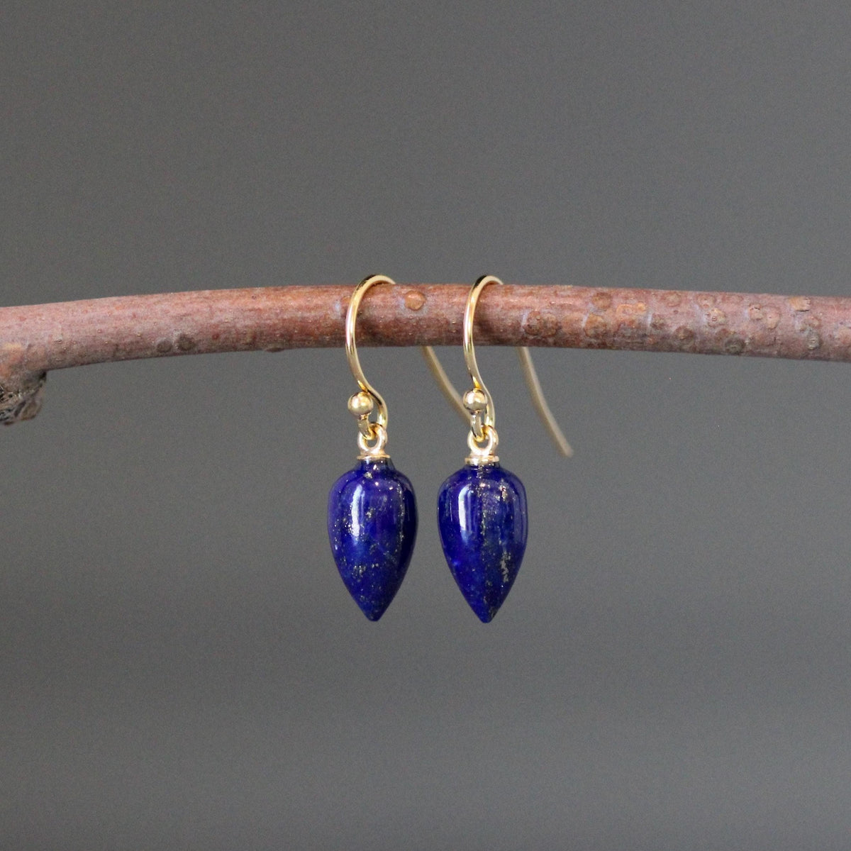 Lapis lazuli teardrop earrings with gold vermeil hooks, blue stone drops with gold caps