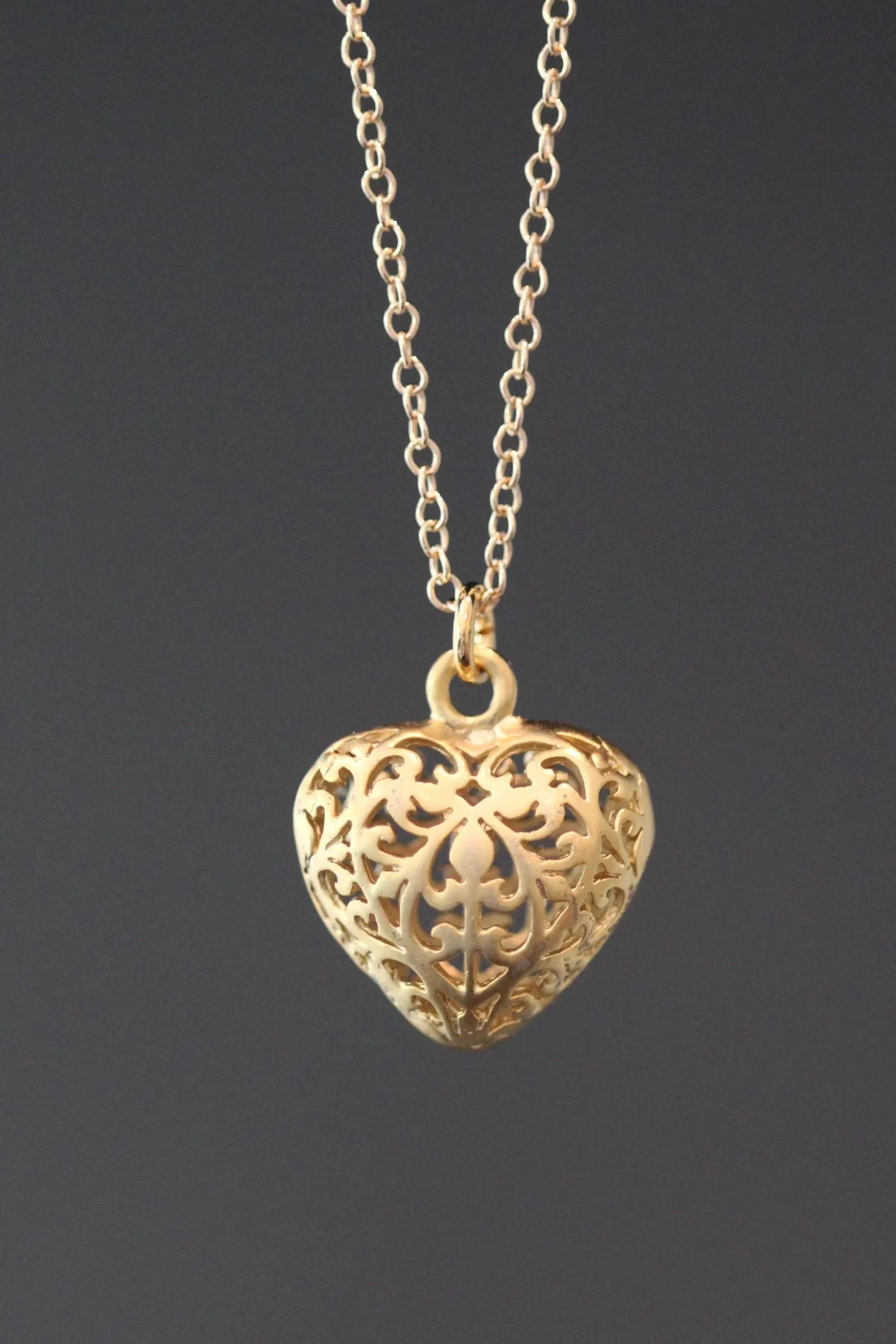 Matte Gold Filigree Heart Charm Necklace