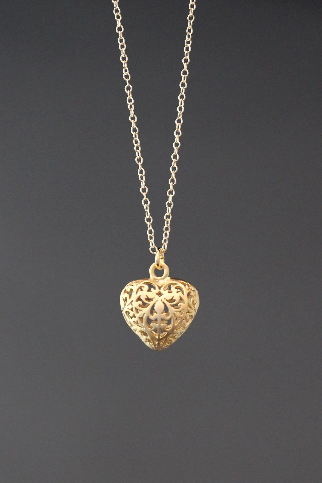 Matte Gold Filigree Heart Charm Necklace
