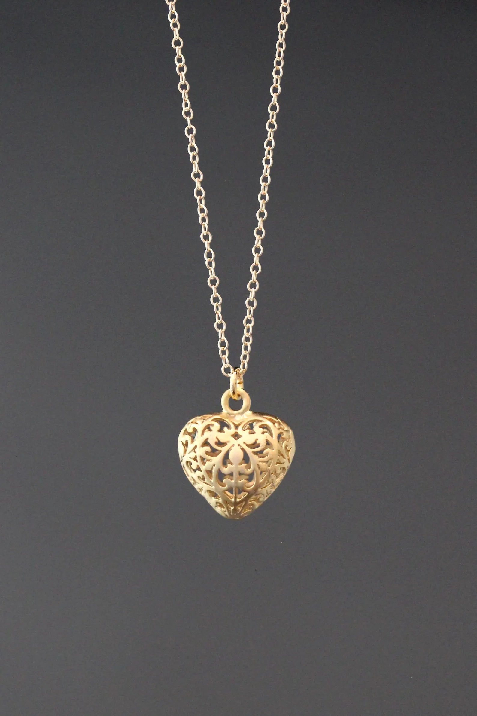 Matte Gold Filigree Heart Charm Necklace