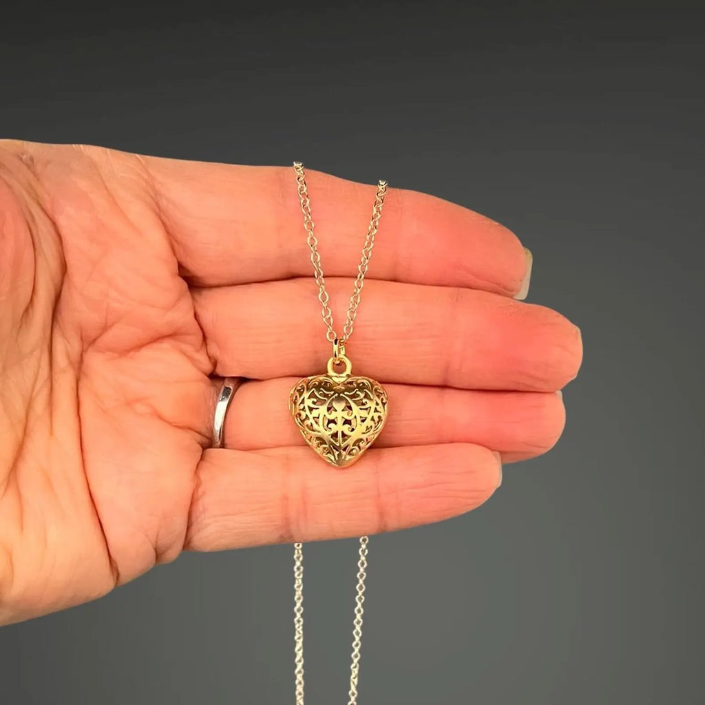 Matte Gold Filigree Heart Charm Necklace