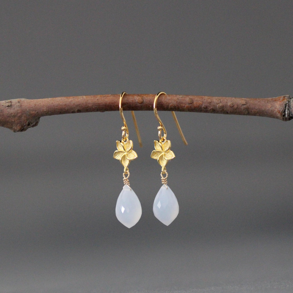 Gold vermeil flower drop earrings with blue teardrop chalcedony stones