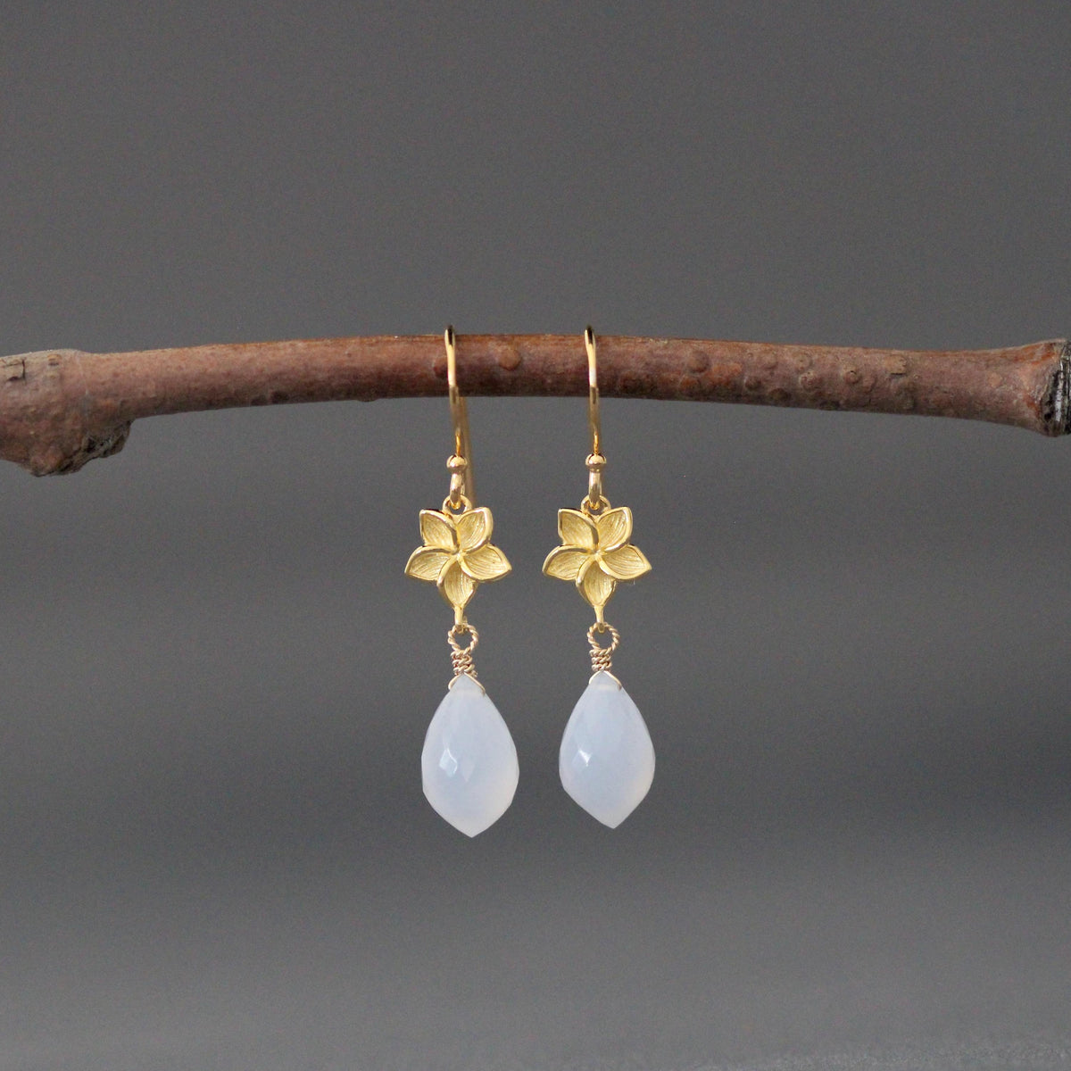 Gold vermeil teardrop chalcedony earrings with dangling flower links