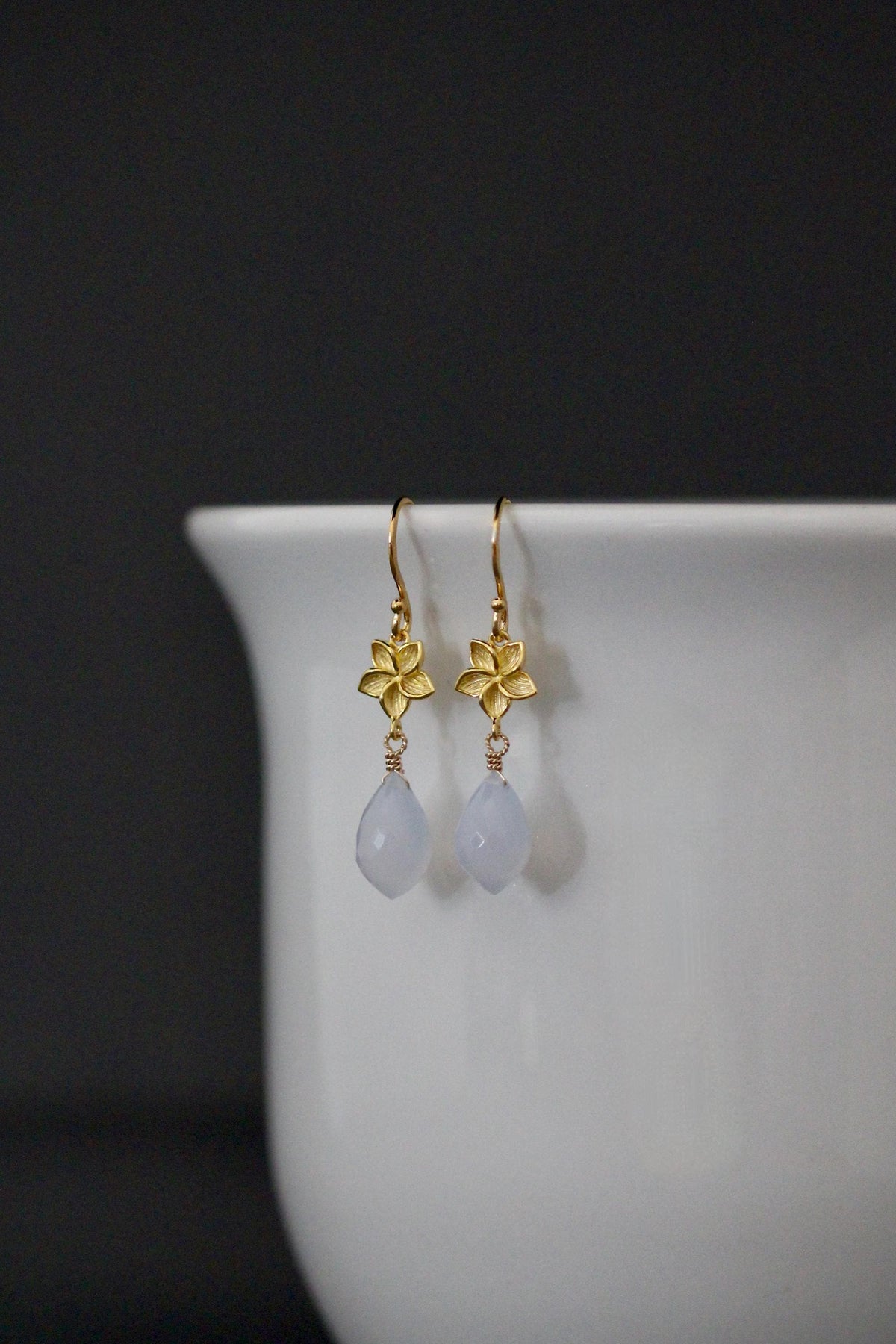 Gold vermeil flower drop earrings with pale blue teardrop chalcedony drops