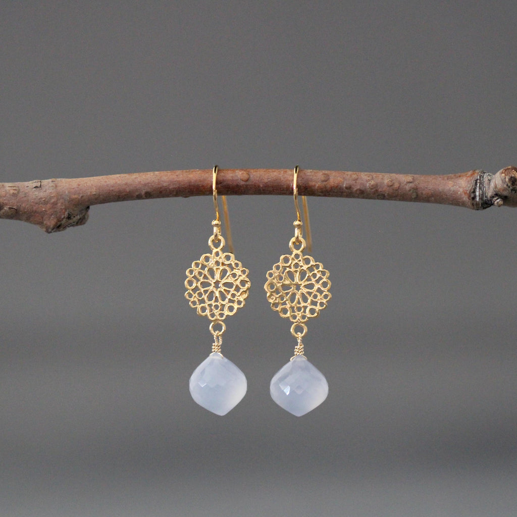 24k gold vermeil earrings with blue chalcedony drops and filigree flower links