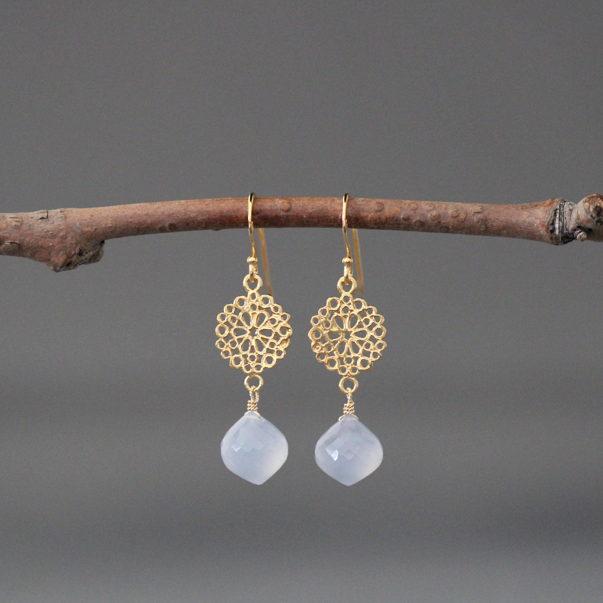 24k gold vermeil earrings with blue chalcedony drops and filigree flower links