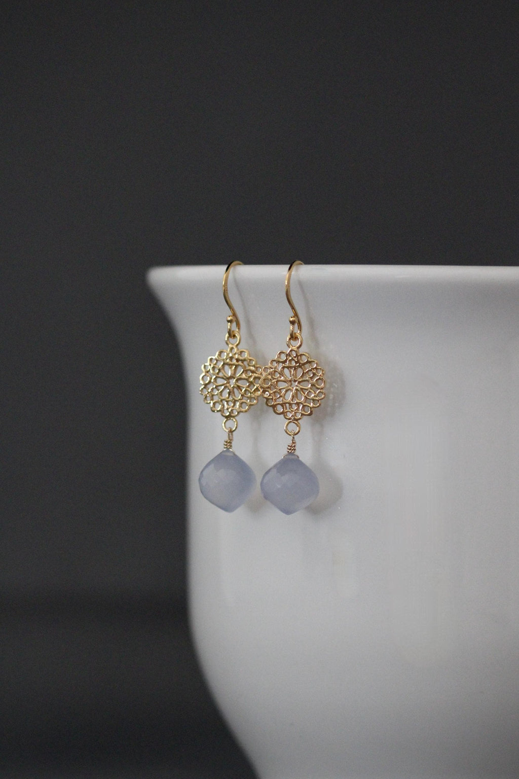 Gold flower-link earrings with blue chalcedony drops and filigree dangle hoops