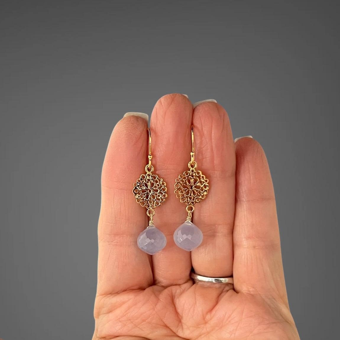 Gold vermeil earrings with blue chalcedony teardrop beads on filigree flower links