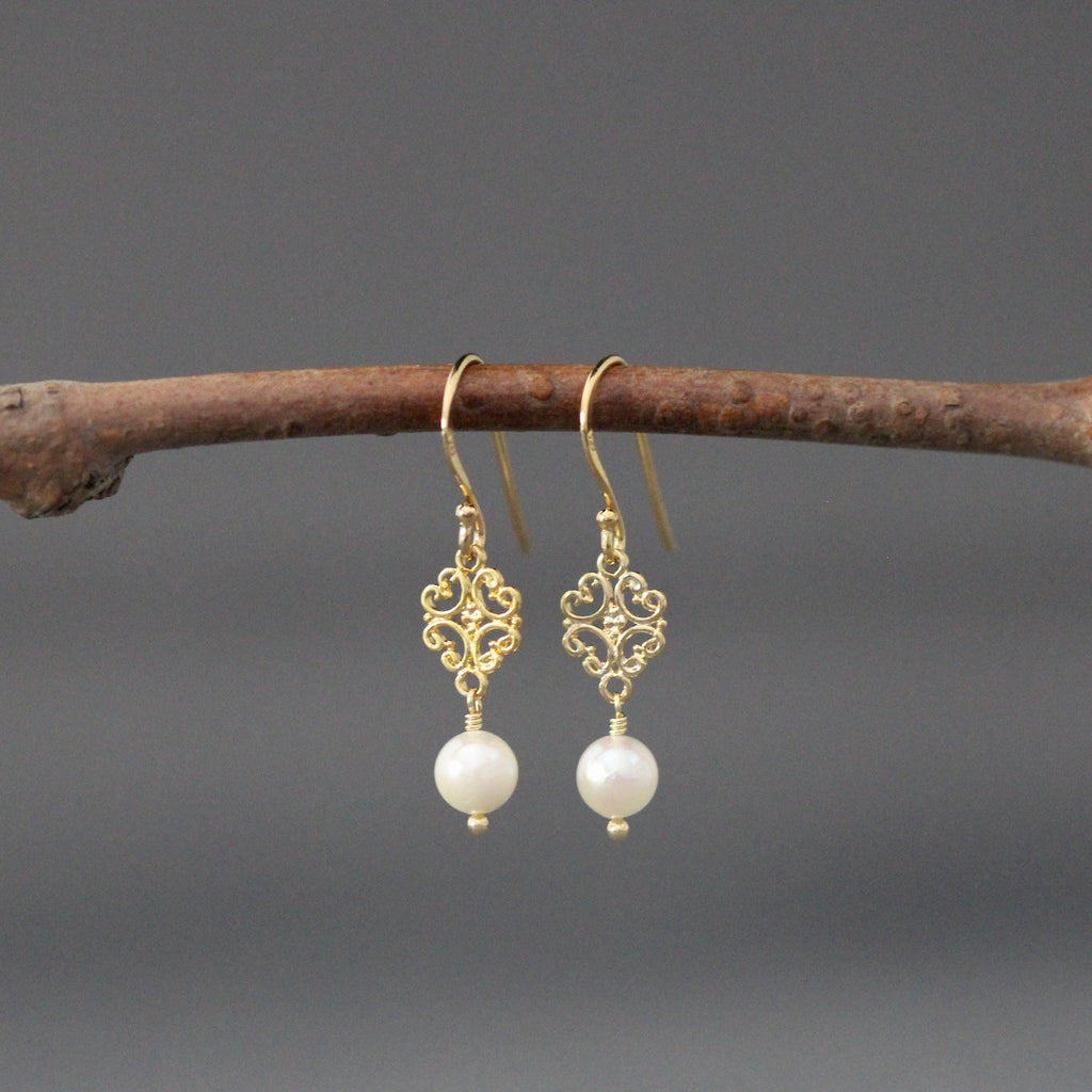 Pair of gold vermeil filigree link earrings with round white pearls