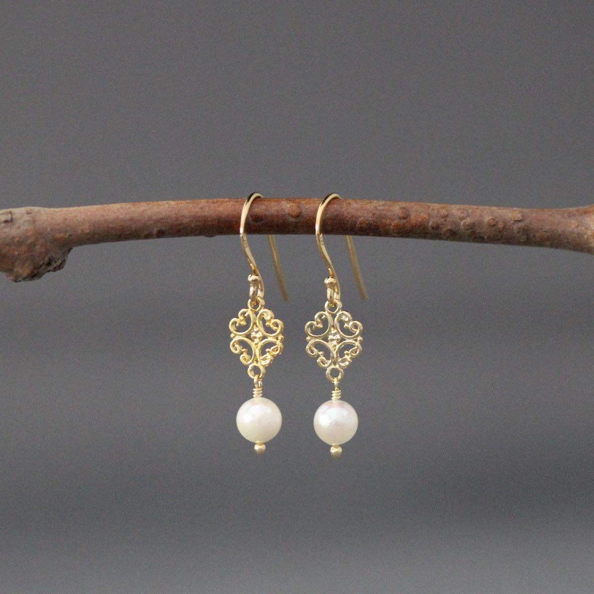 Pair of gold vermeil filigree link earrings with round white pearls