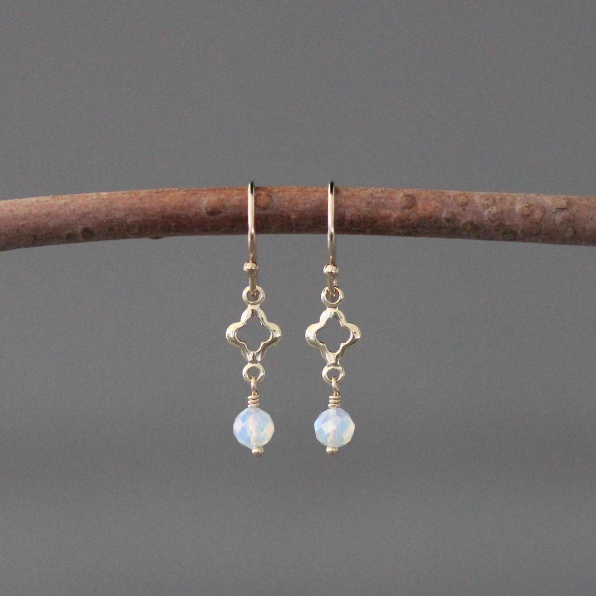 Gold-filled opalite earrings with clover links and round faceted stones on fishhook wires