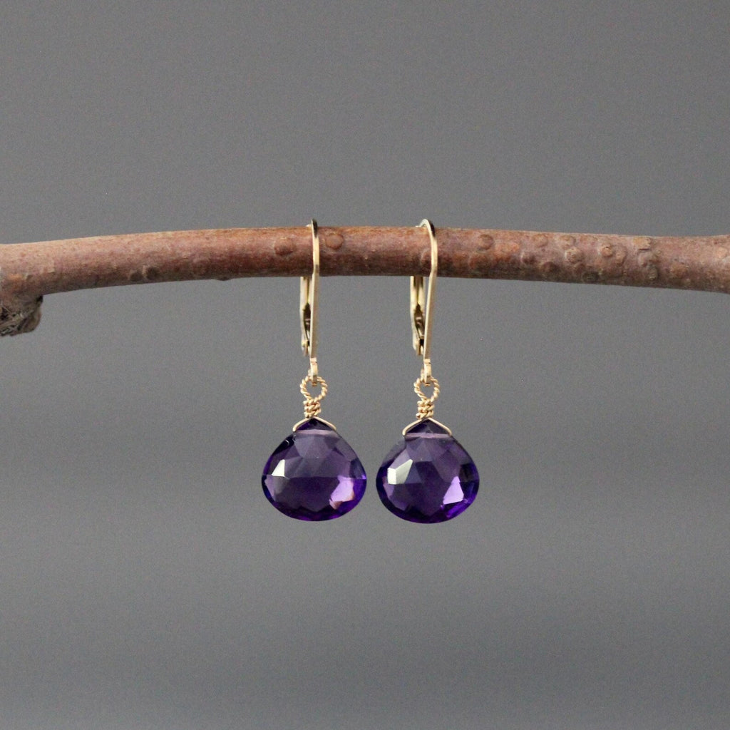 Purple Amethyst Quartz Teardrop Earrings on Gold Leverbacks
