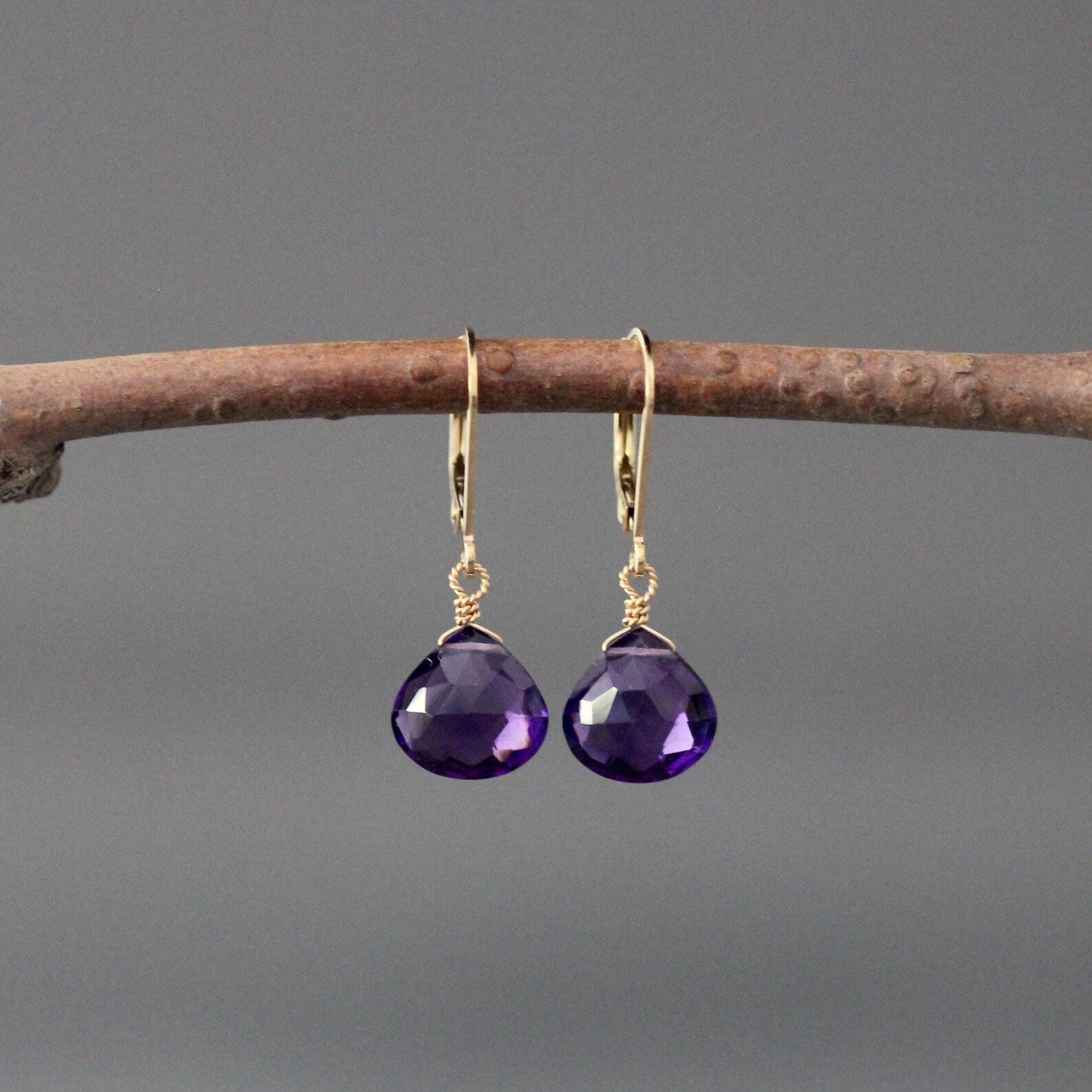 Purple Amethyst Quartz Teardrop Earrings on Gold Leverbacks