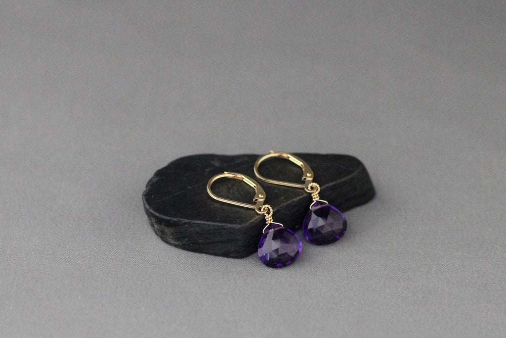 Purple Amethyst Quartz Teardrop Earrings on Gold Leverbacks