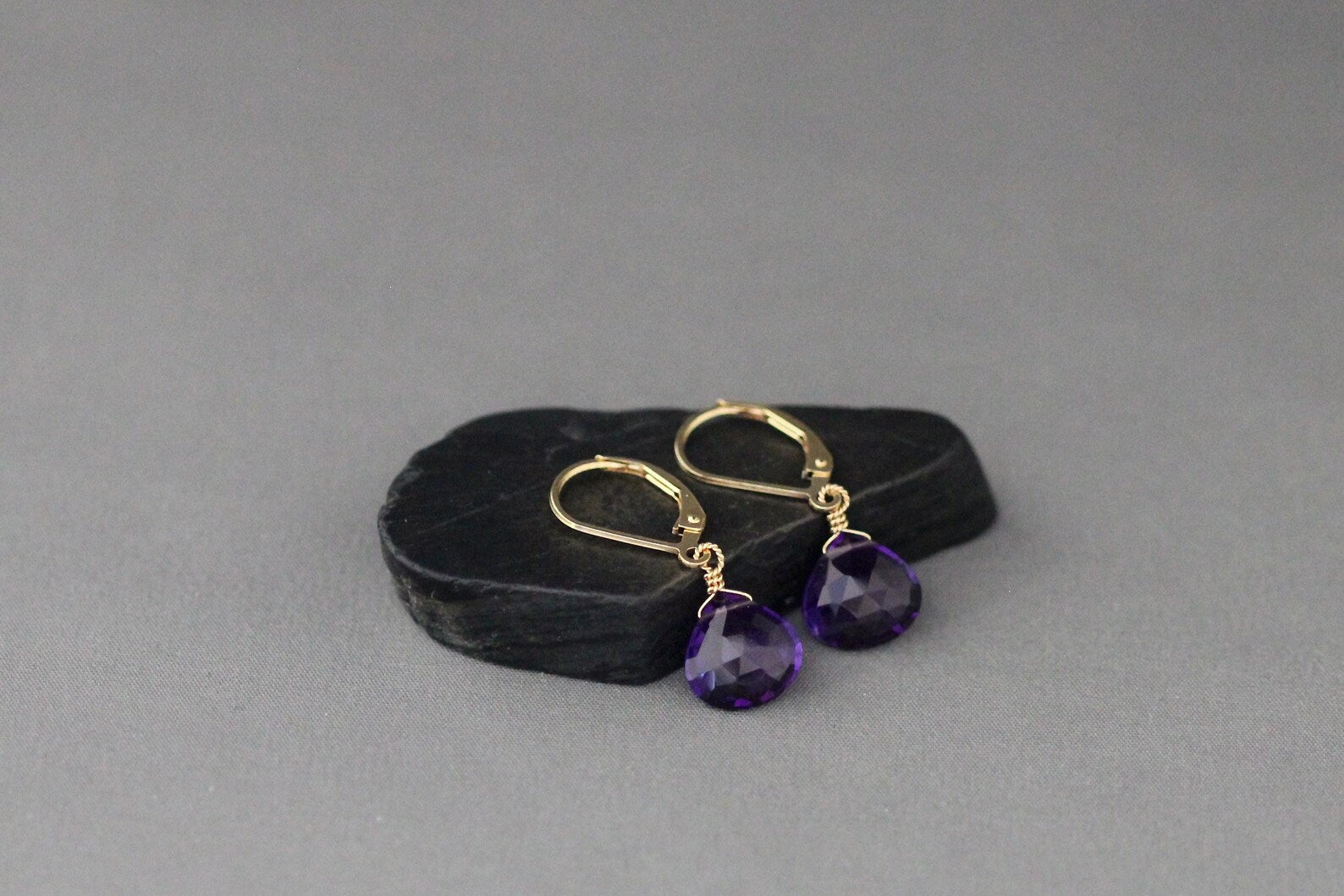 Purple Amethyst Quartz Teardrop Earrings on Gold Leverbacks