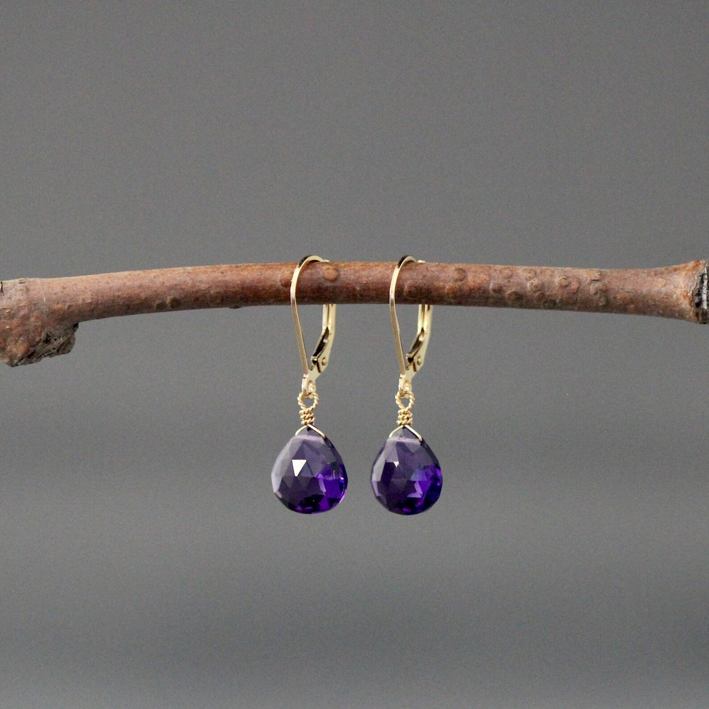 Purple Amethyst Quartz Teardrop Earrings on Gold Leverbacks