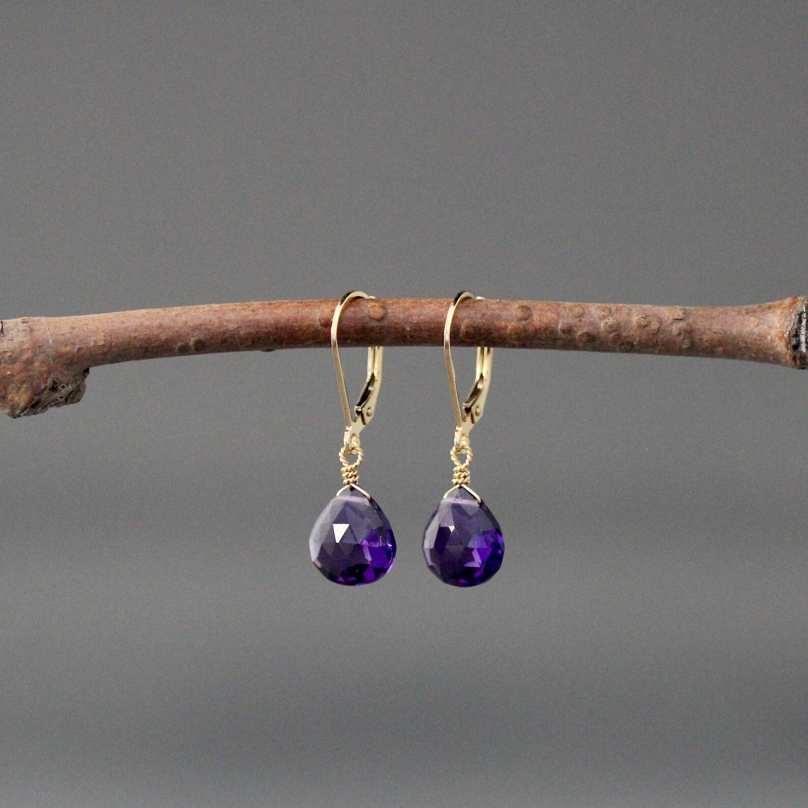 Purple Amethyst Quartz Teardrop Earrings on Gold Leverbacks