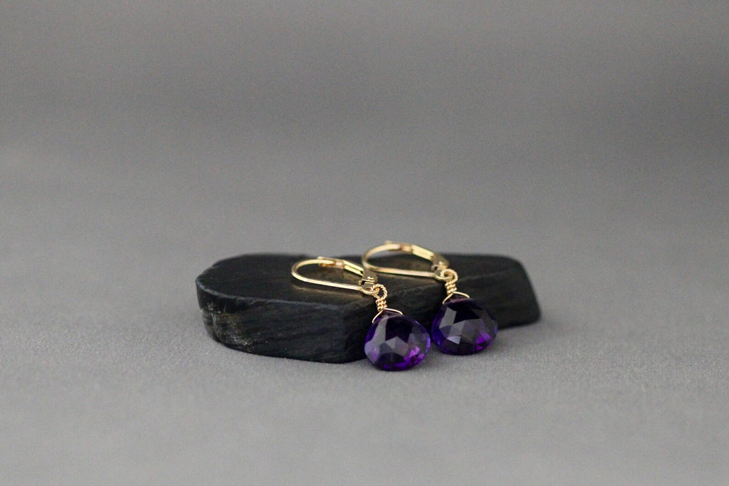 Purple Amethyst Quartz Teardrop Earrings on Gold Leverbacks