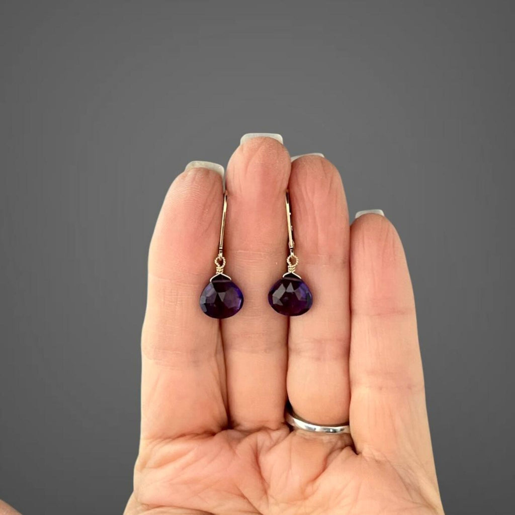 Purple Amethyst Quartz Teardrop Earrings on Gold Leverbacks