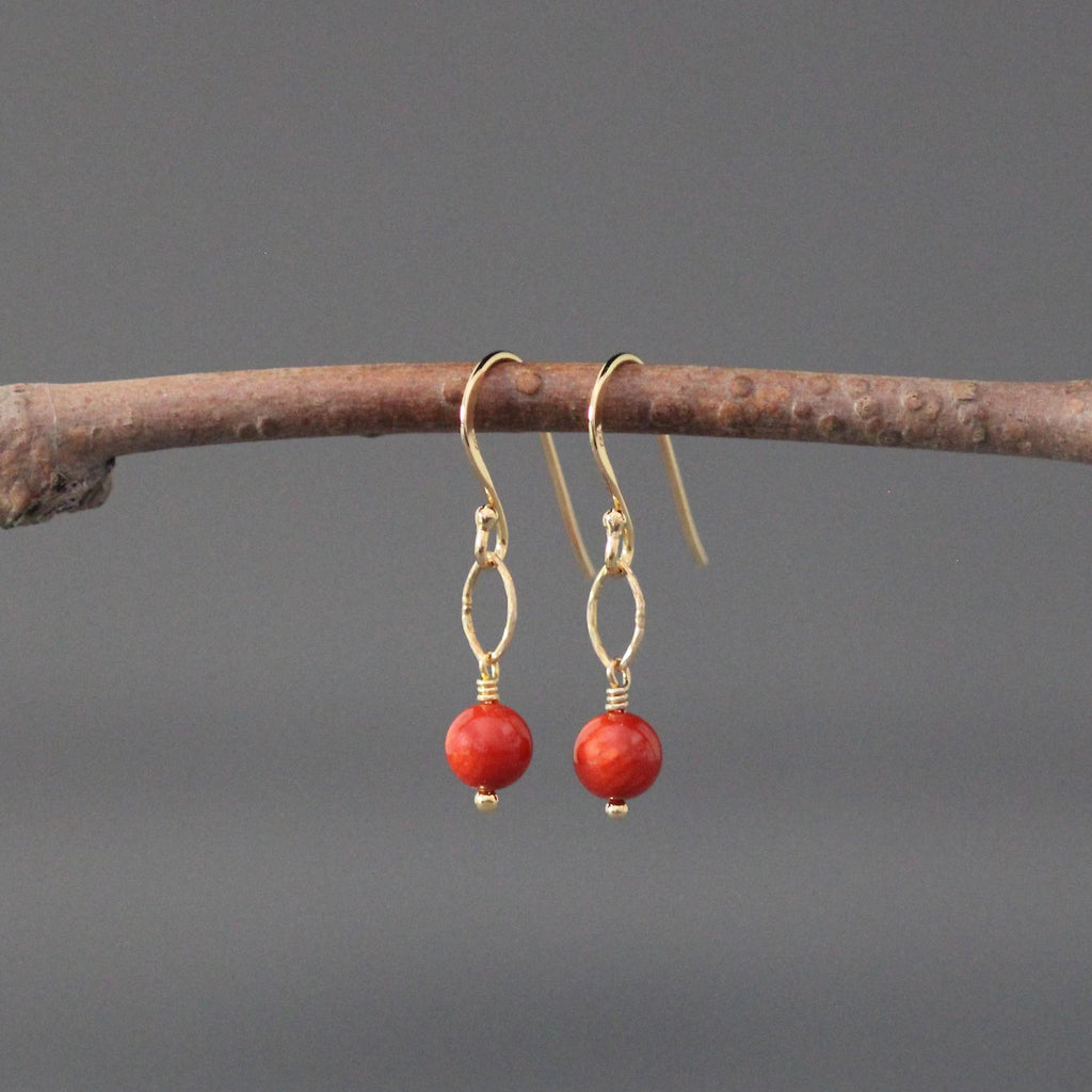 Red Angel Coral Skin Earrings on 14k Gold Vermeil