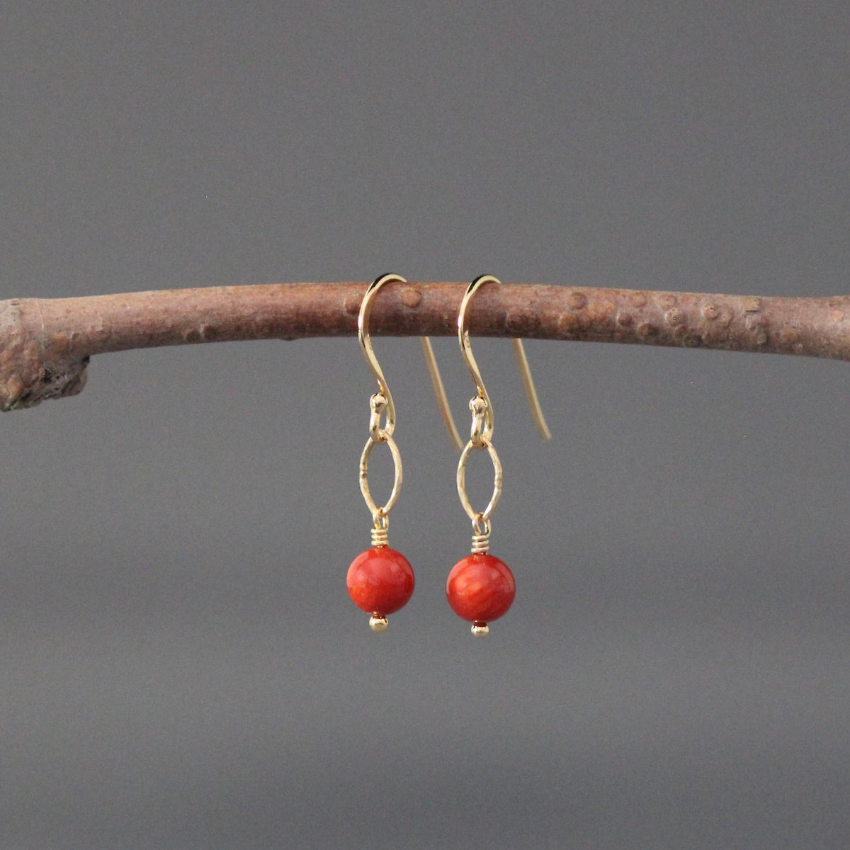 Red Angel Coral Skin Earrings on 14k Gold Vermeil