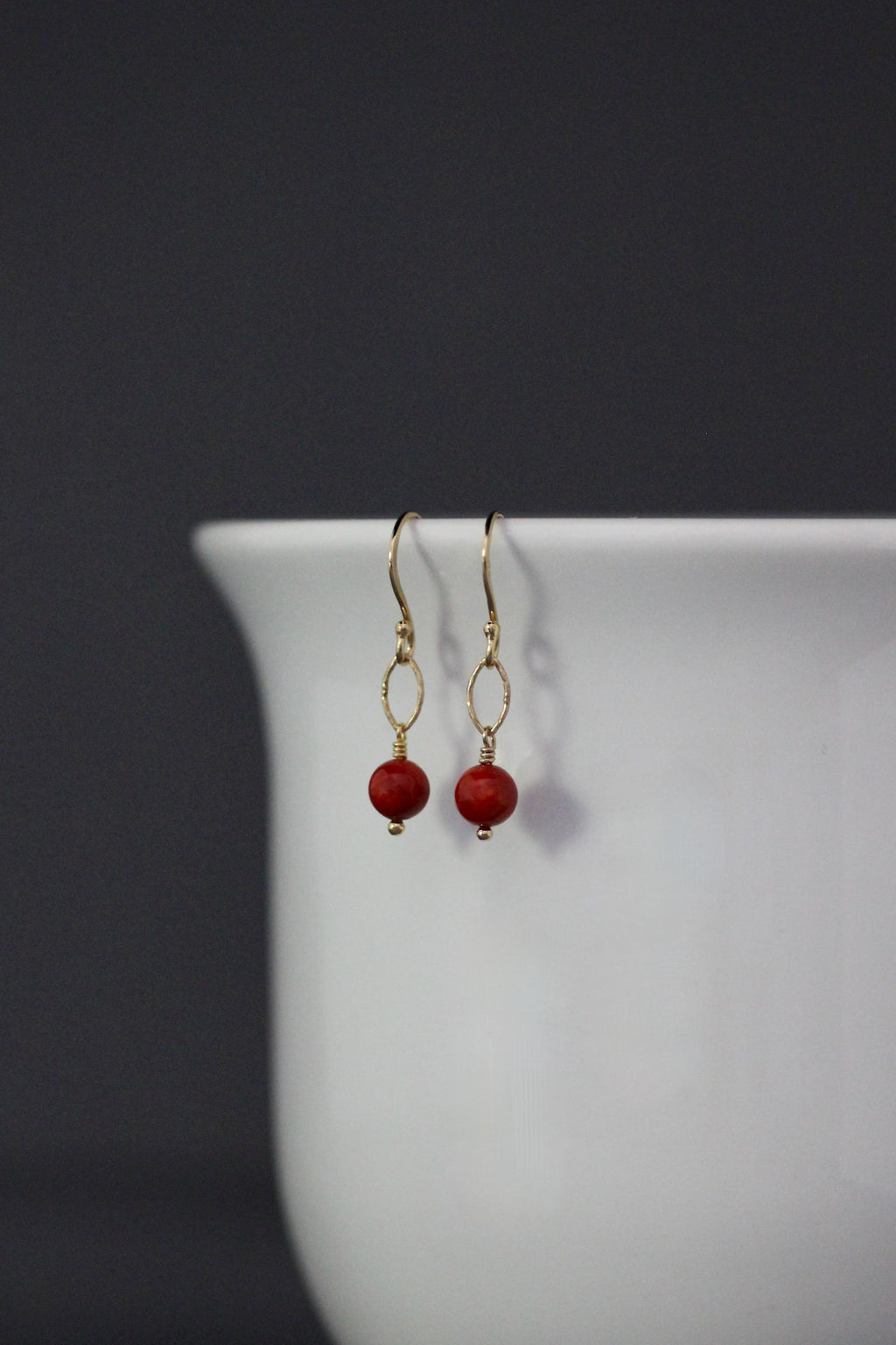Red Angel Coral Skin Earrings on 14k Gold Vermeil