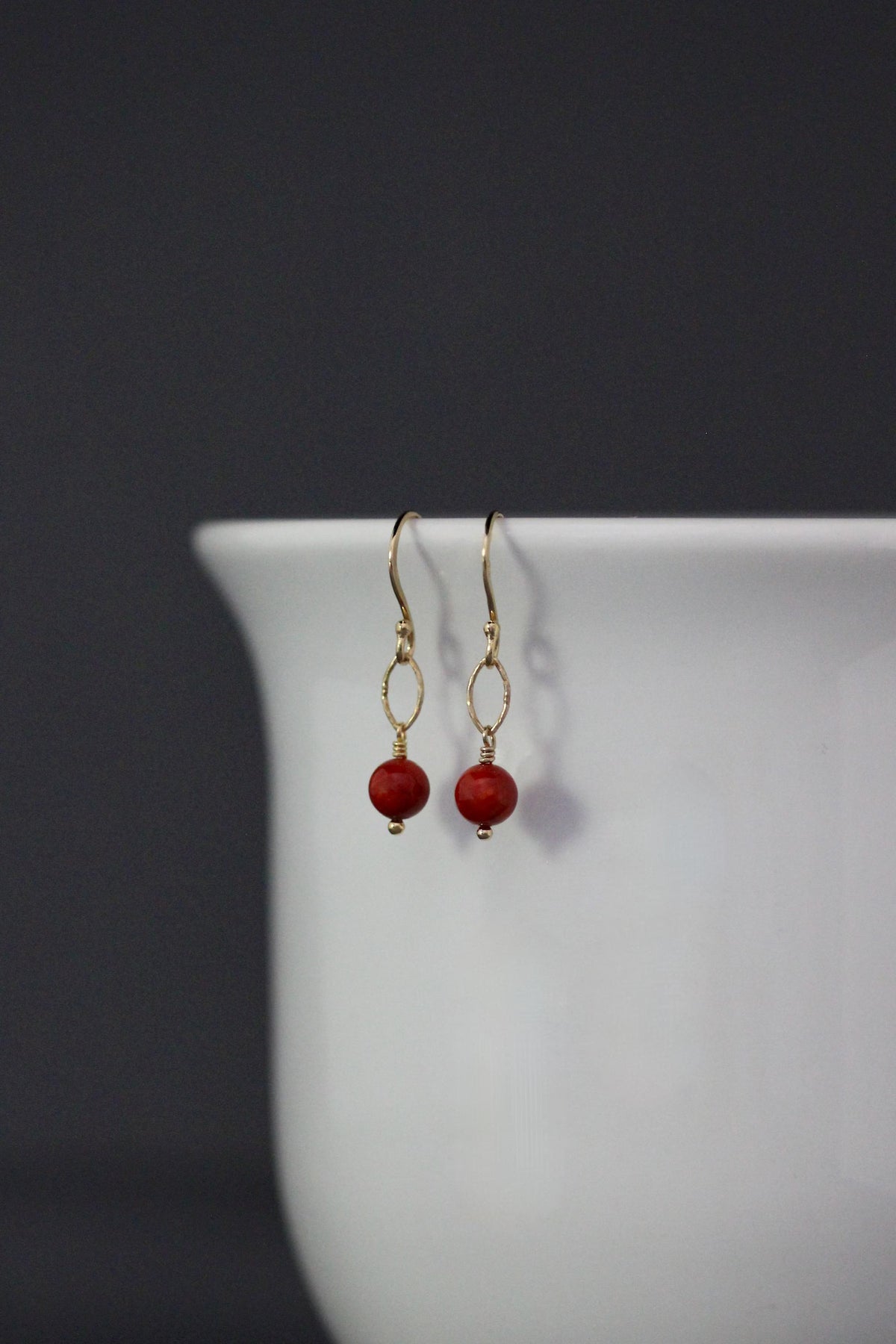 Red Angel Coral Skin Earrings on 14k Gold Vermeil