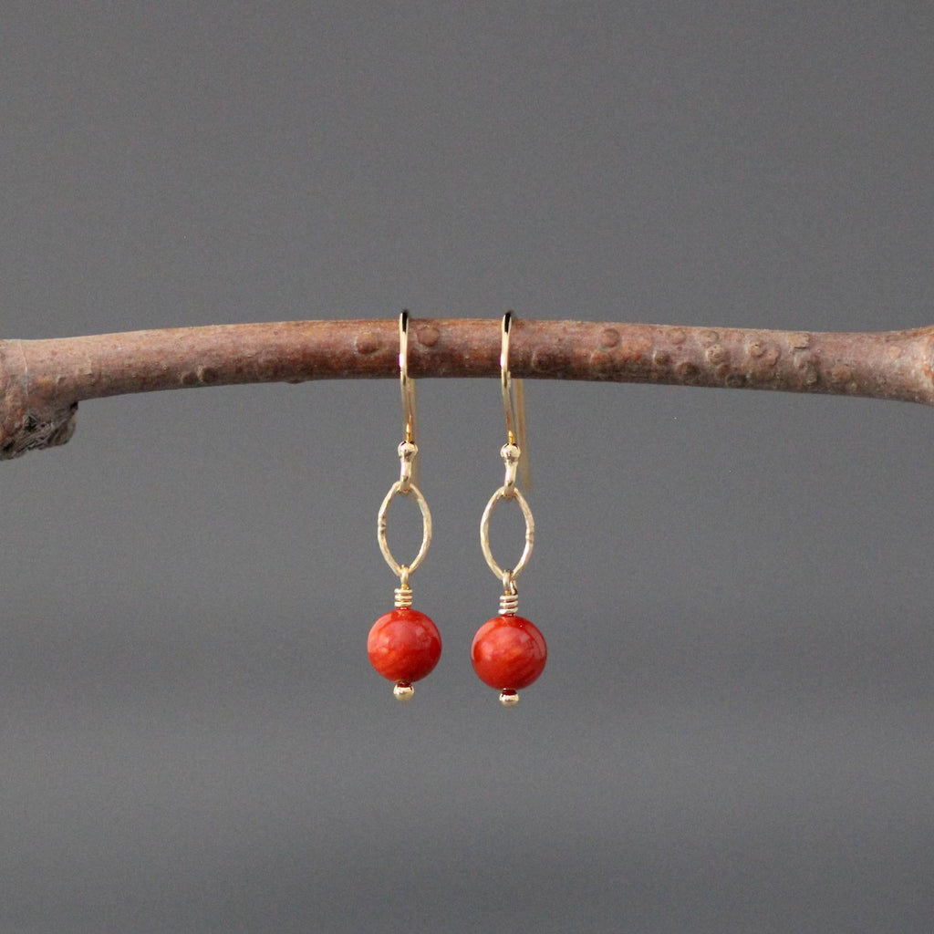 Red Angel Coral Skin Earrings on 14k Gold Vermeil