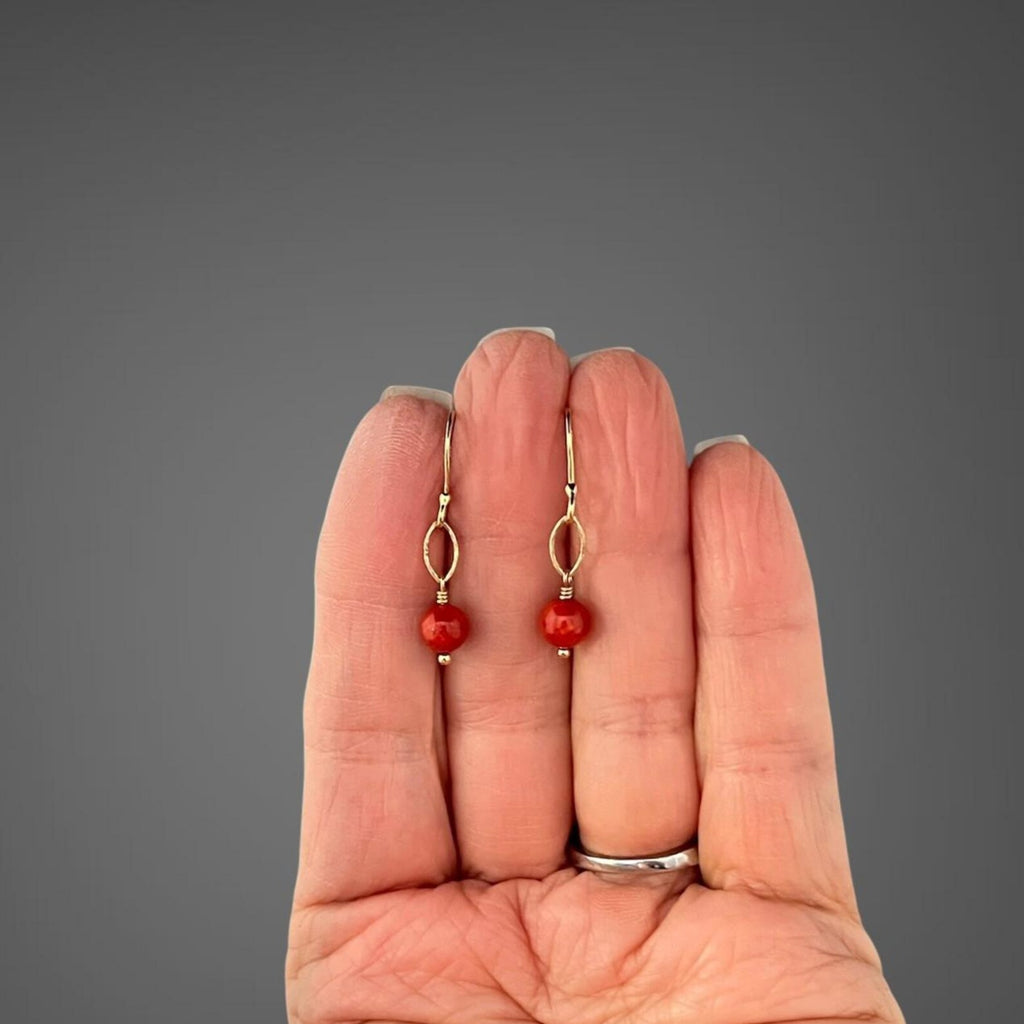 Red Angel Coral Skin Earrings on 14k Gold Vermeil