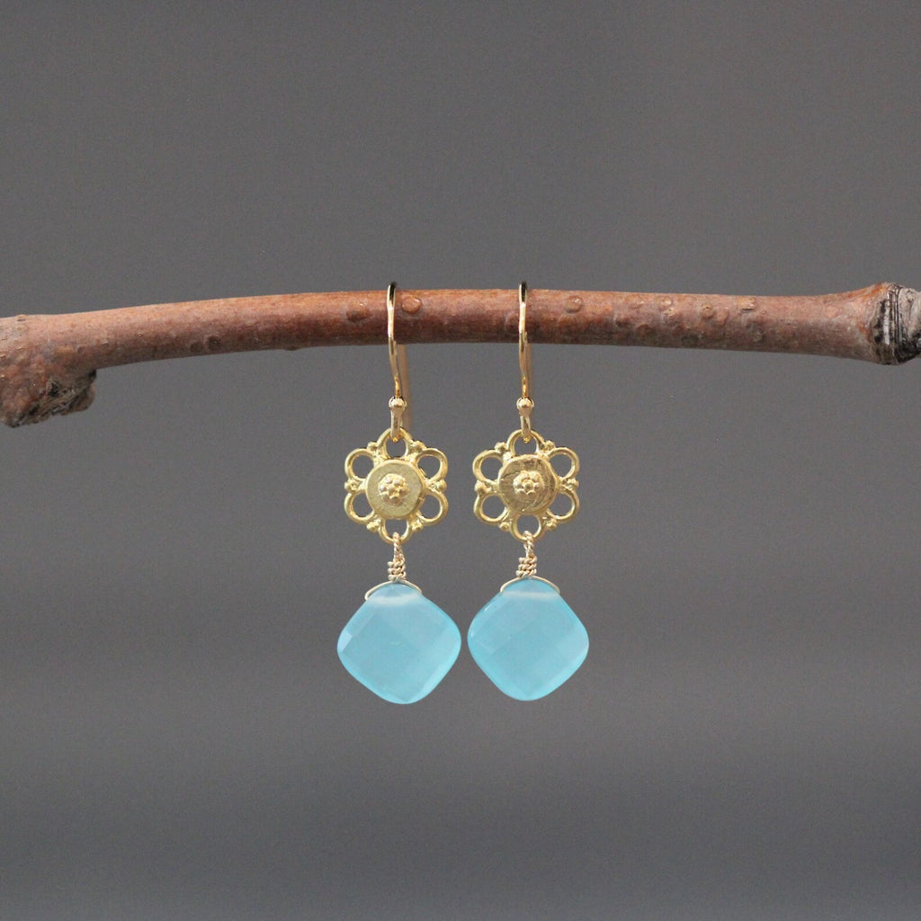 Aqua Chalcedony Earrings on 18k Gold Vermeil Flower Links