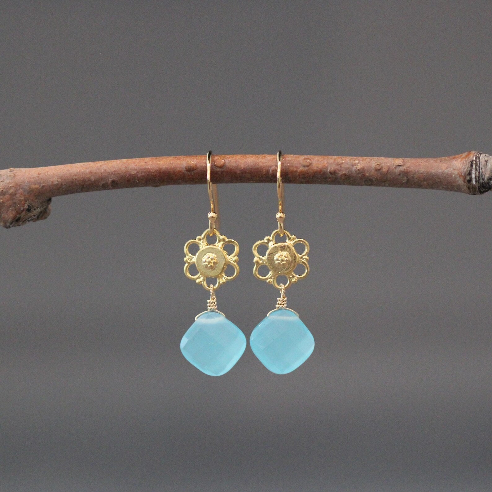 Aqua Chalcedony Earrings on 18k Gold Vermeil Flower Links