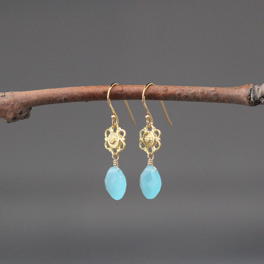 Aqua Chalcedony Earrings on 18k Gold Vermeil Flower Links