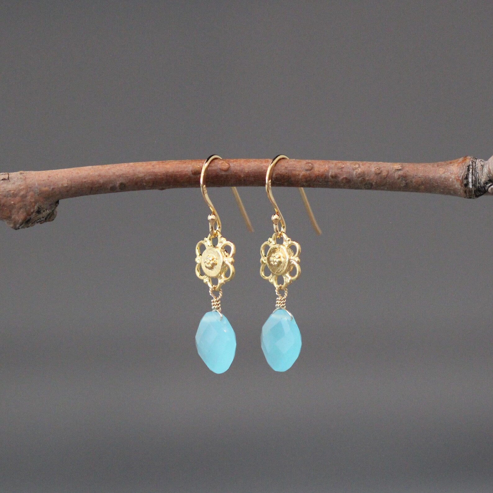 Aqua Chalcedony Earrings on 18k Gold Vermeil Flower Links