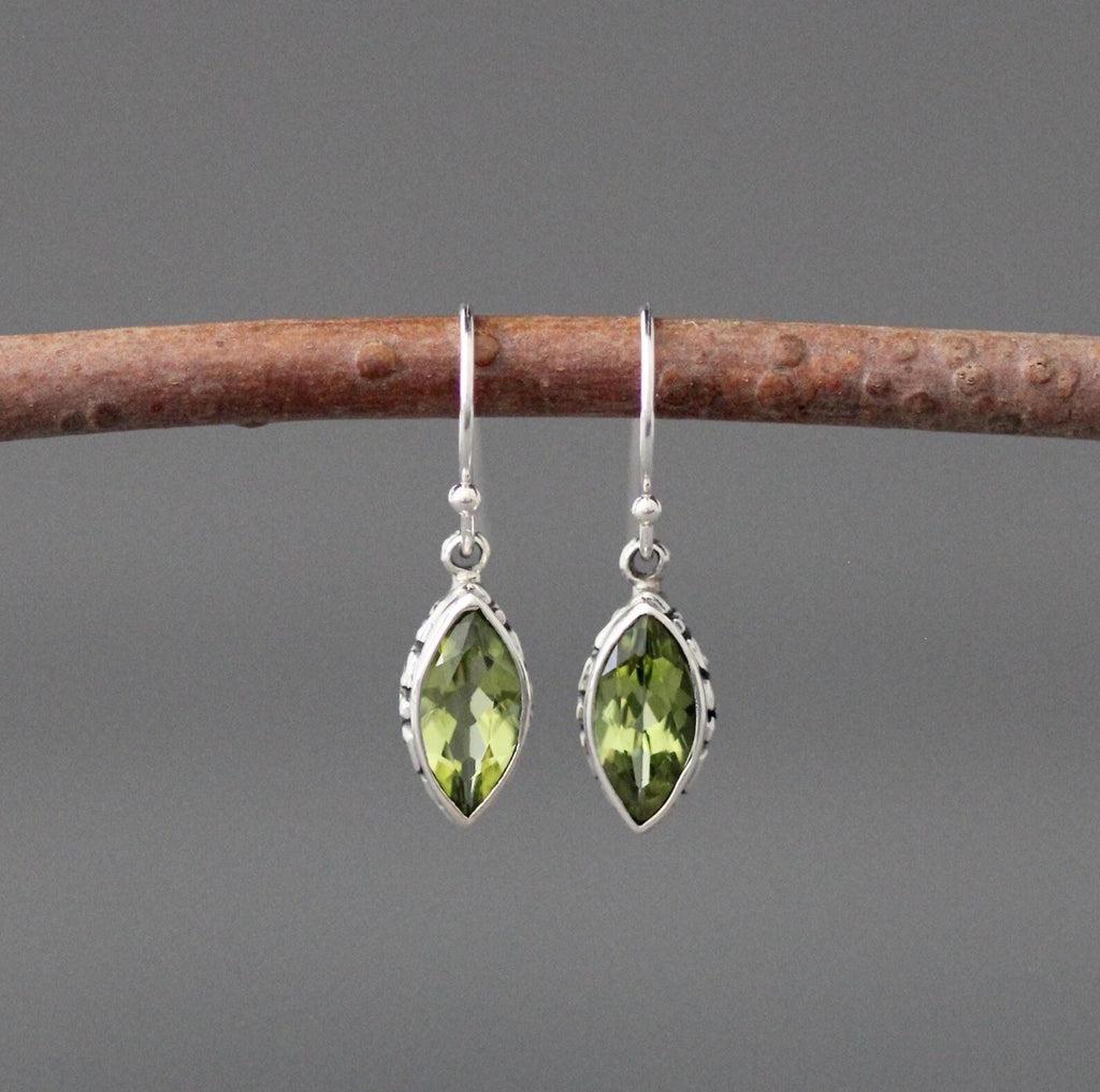 Marquise-Cut Peridot and Bali Silver Earrings
