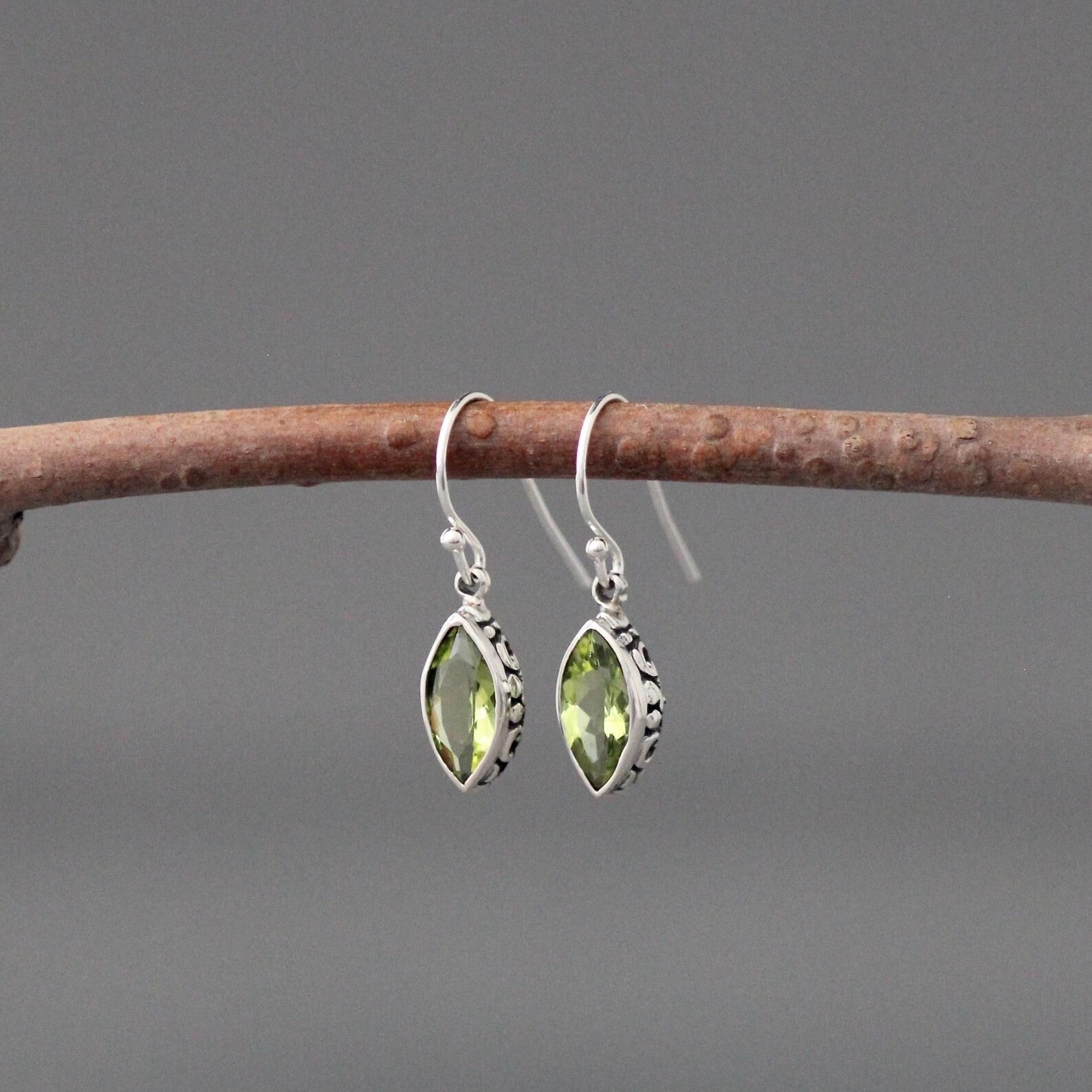 Marquise-Cut Peridot and Bali Silver Earrings