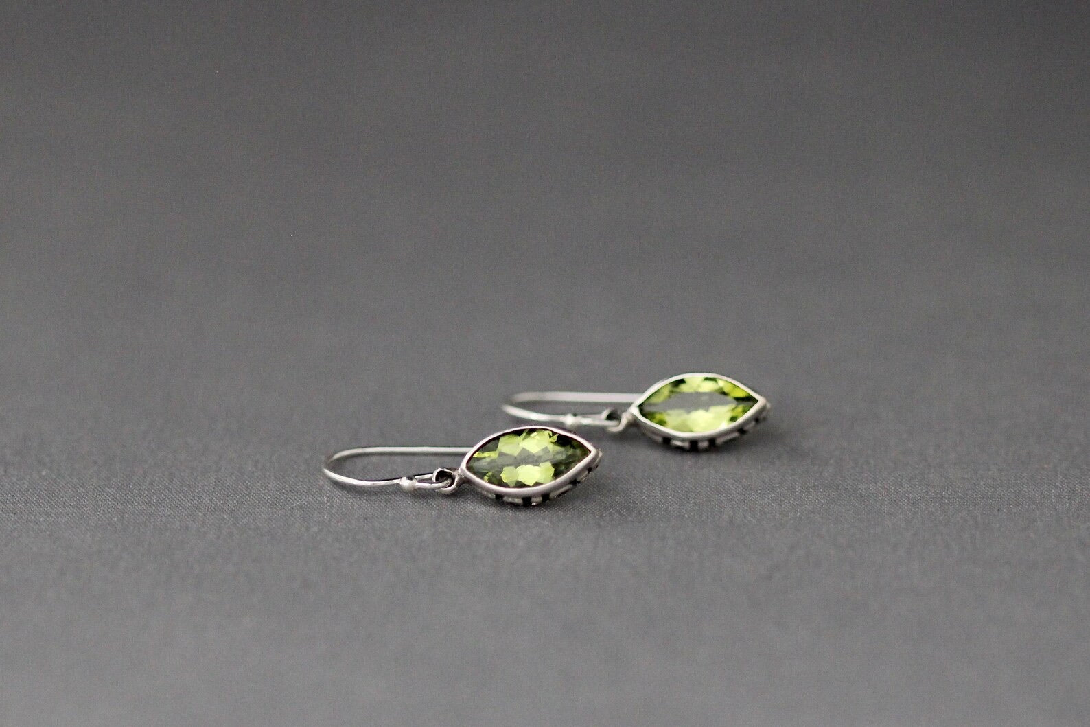 Marquise-Cut Peridot and Bali Silver Earrings