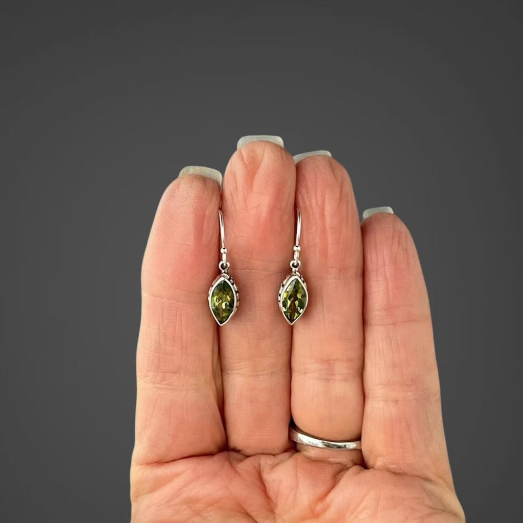 Marquise-Cut Peridot and Bali Silver Earrings
