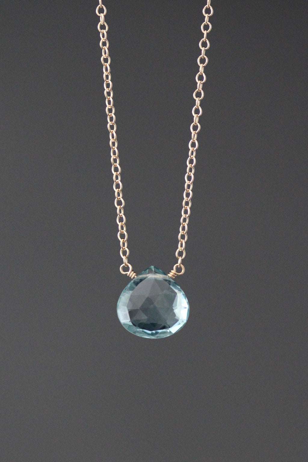 Aquamarine Quartz Teardrop Pendant Necklace on 14k Gold Filled Chain