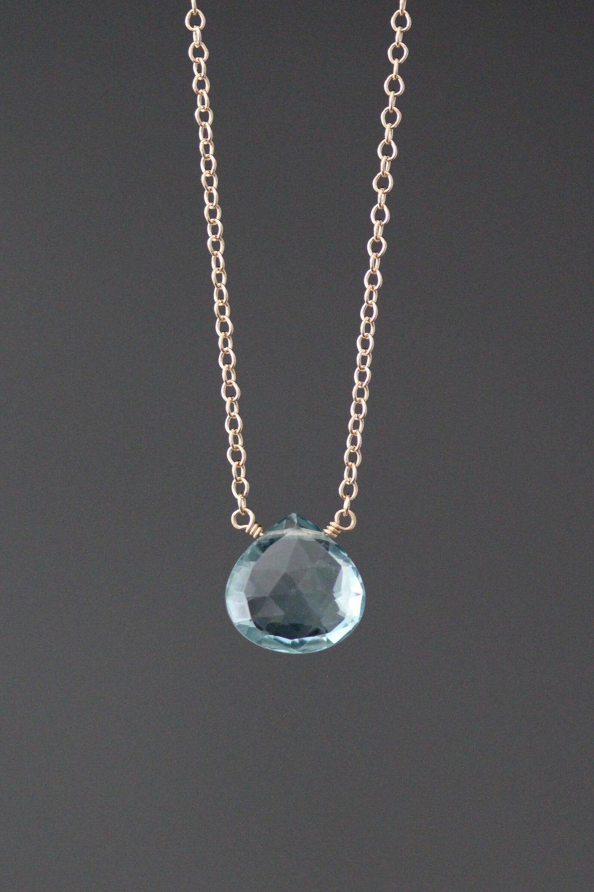 Aquamarine Quartz Teardrop Pendant Necklace on 14k Gold Filled Chain