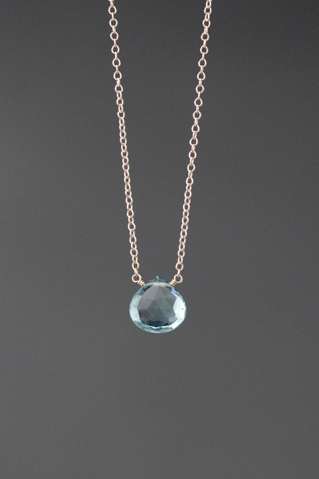 Aquamarine Quartz Teardrop Pendant Necklace on 14k Gold Filled Chain