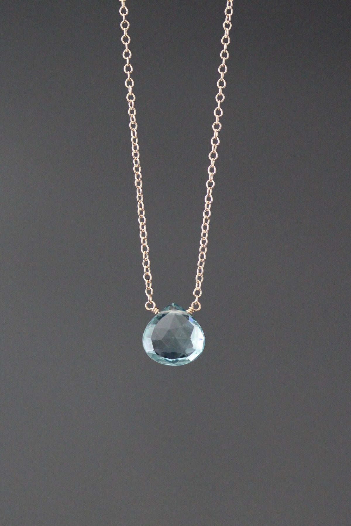 Aquamarine Quartz Teardrop Pendant Necklace on 14k Gold Filled Chain