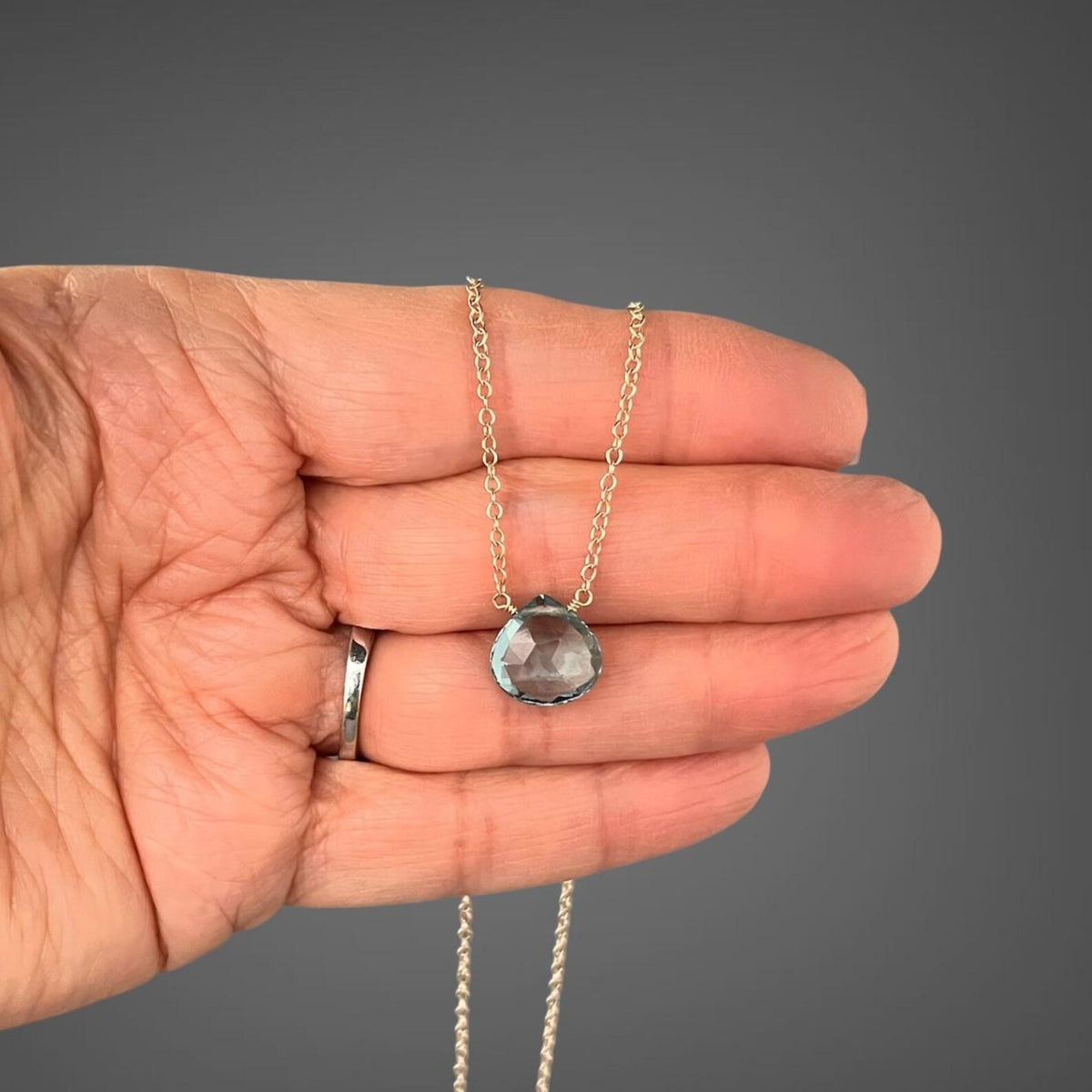 Aquamarine Quartz Teardrop Pendant Necklace on 14k Gold Filled Chain