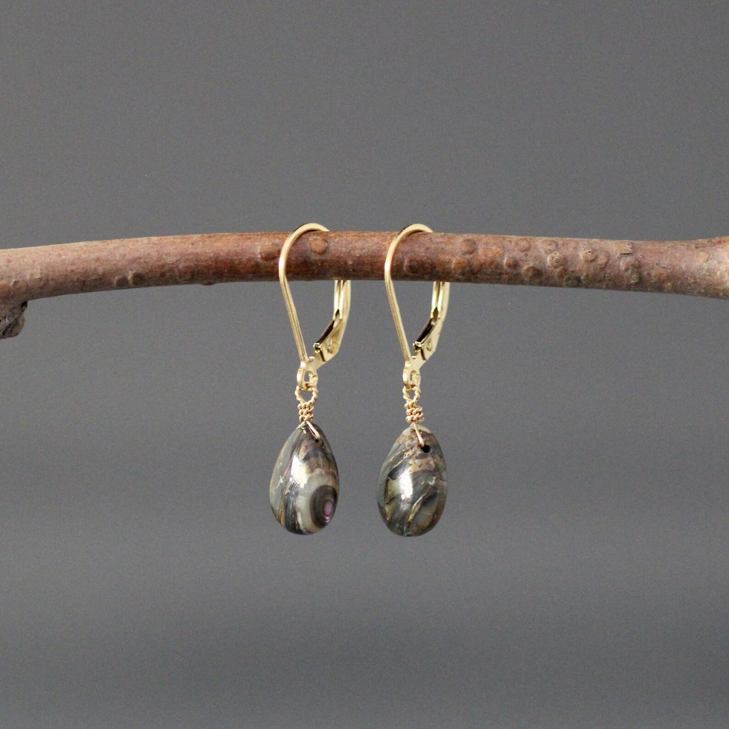 Bronze Abalone Teardrop Earrings on 14k Gold Filled Leverbacks