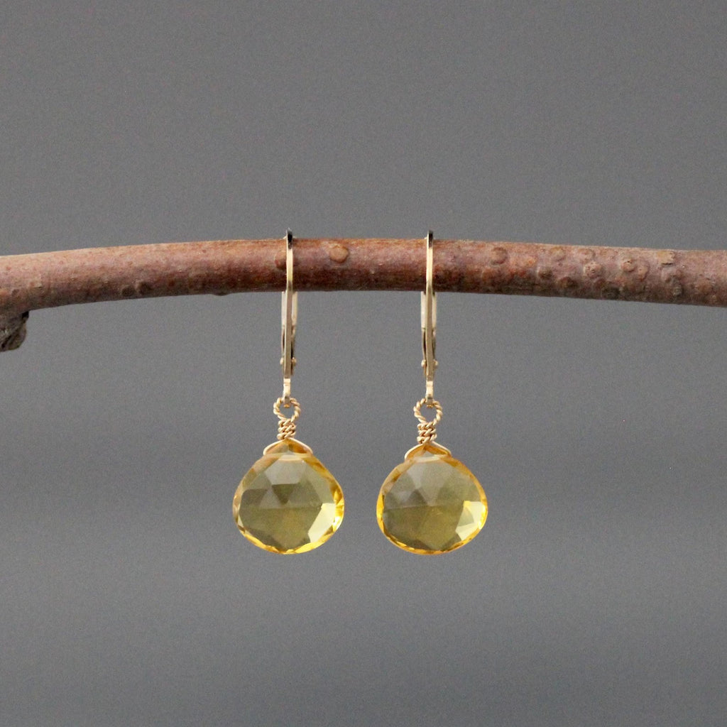 Yellow Citrine Quartz Teardrop Earrings on Gold Leverbacks