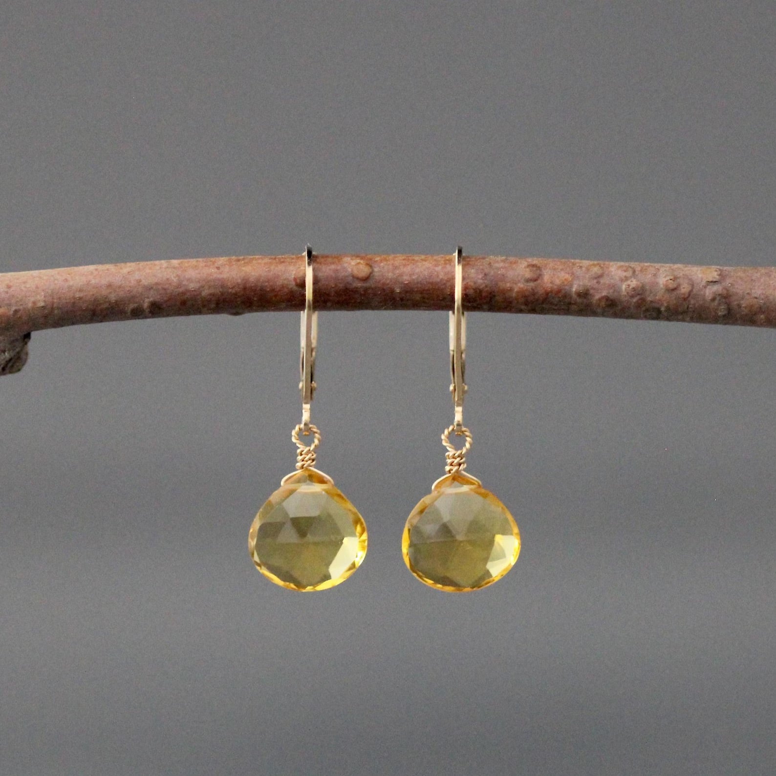 Yellow Citrine Quartz Teardrop Earrings on Gold Leverbacks