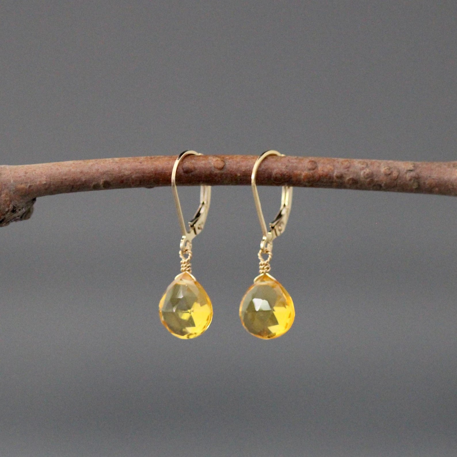 Yellow Citrine Quartz Teardrop Earrings on Gold Leverbacks